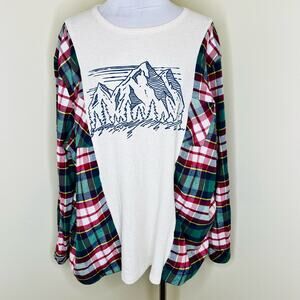 True Craft Thermal Top Large Women Flannel Waffle Knit Upcycled Reworked Relaxed
